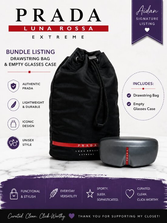 Prada Other - Prada Luna Rossa Extreme Drawstring Bag + Empty Glasses Case Black Travel Bundle